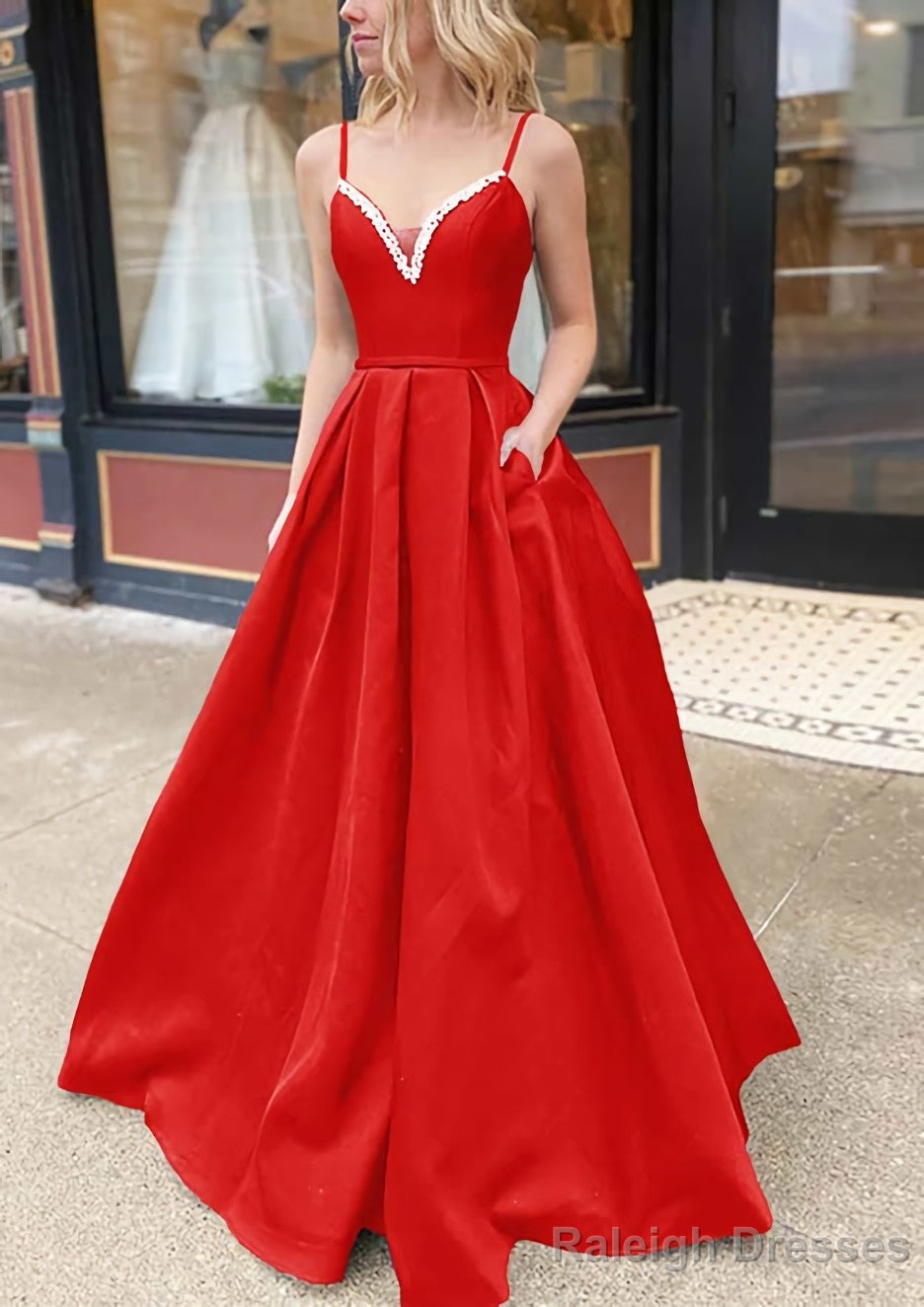 A-line V Neck Spaghetti Straps Long/Floor-Length Satin Prom Dresses With Beading Pockets