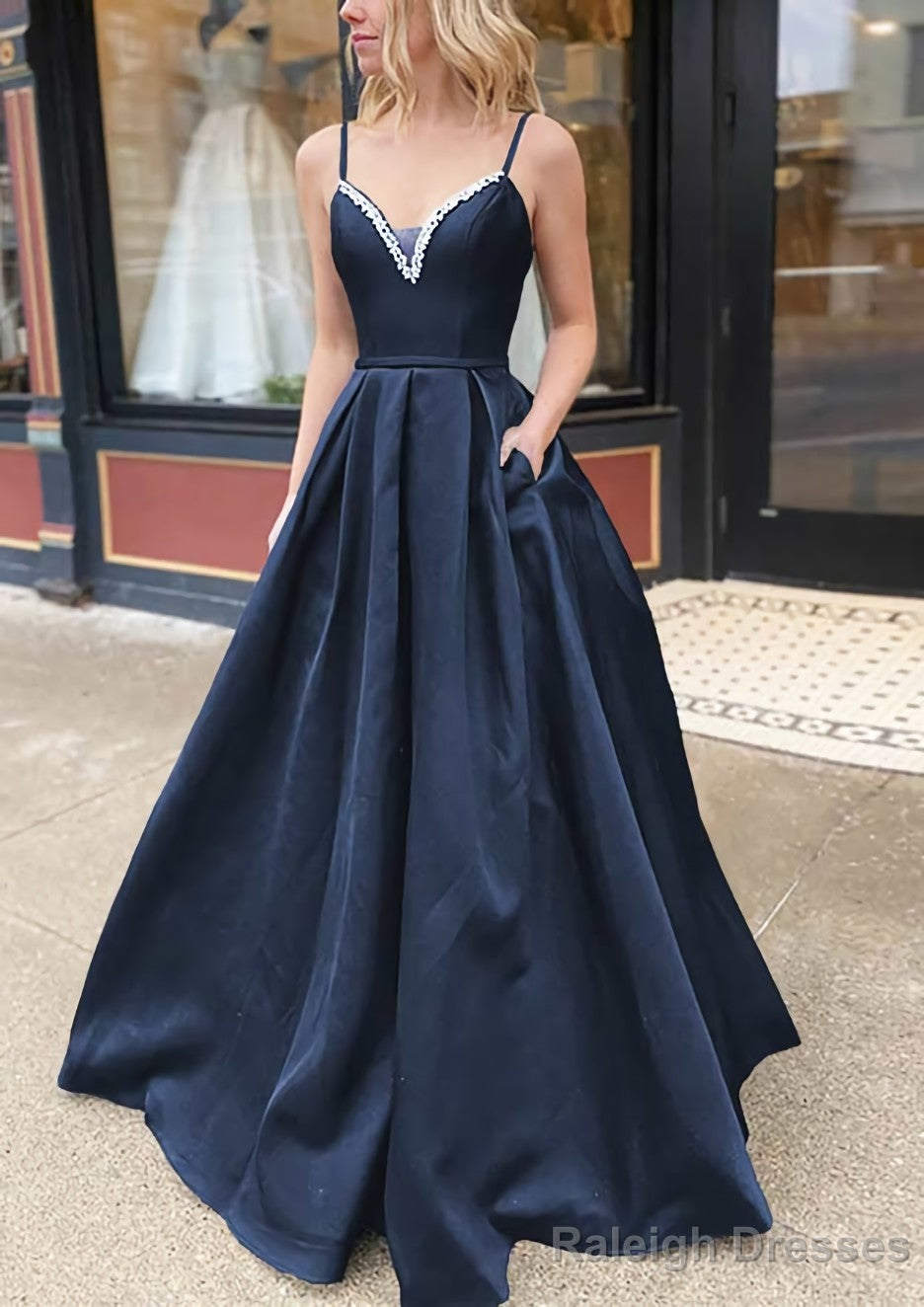 A-line V Neck Spaghetti Straps Long/Floor-Length Satin Prom Dresses With Beading Pockets