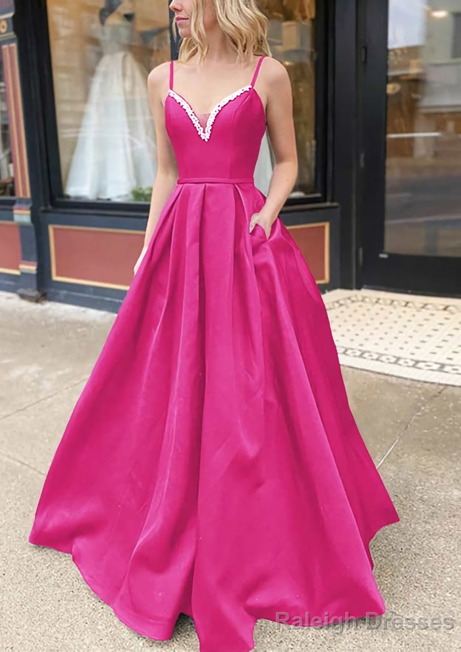 A Line V Neck Spaghetti Straps Long Dress Floor Length Satin Prom Dress With Beading Pockets