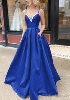 A Line V Neck Spaghetti Straps Long Dress Floor Length Satin Prom Dress With Beading Pockets