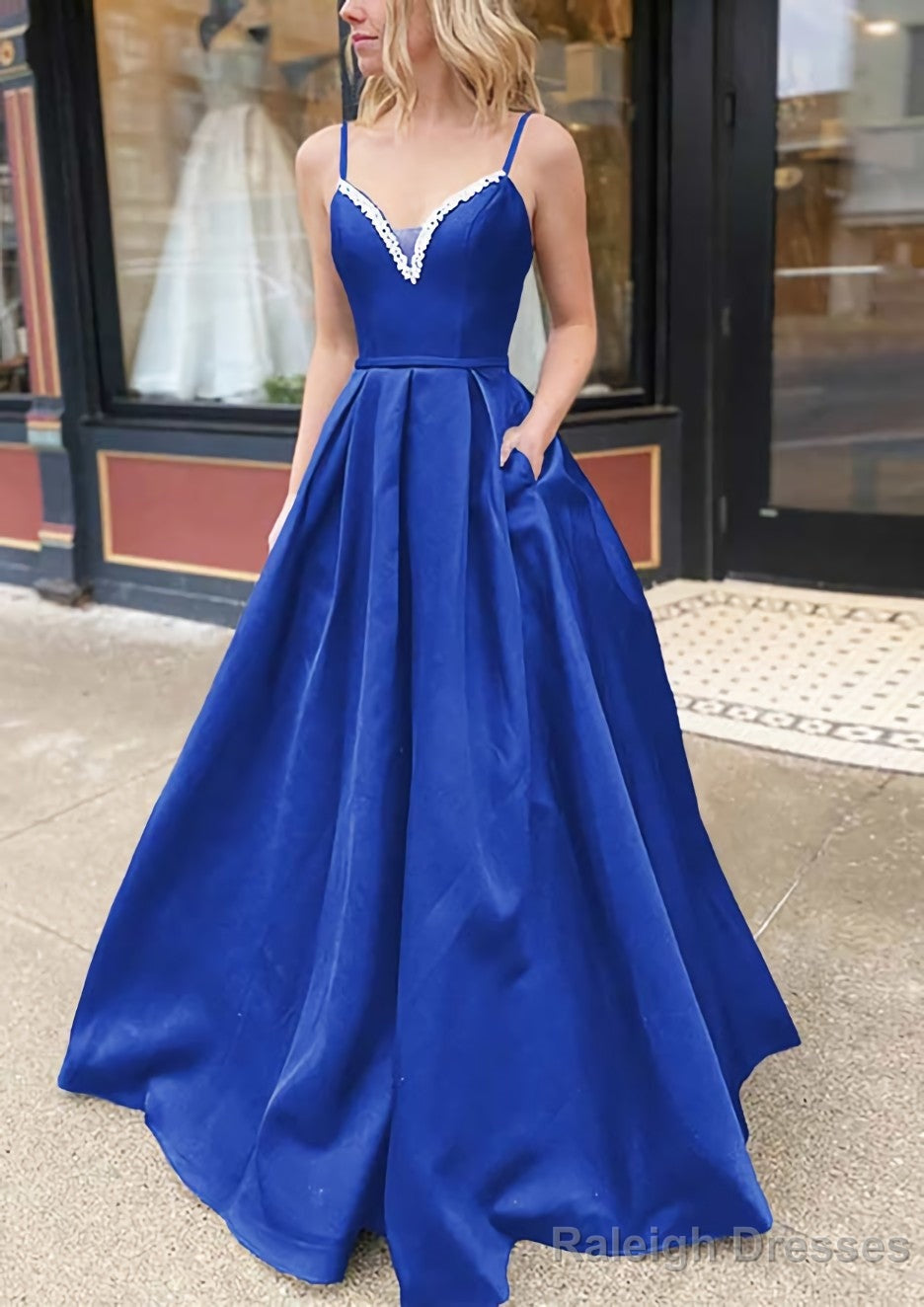 A Line V Neck Spaghetti Straps Long Dress Floor Length Satin Prom Dress With Beading Pockets