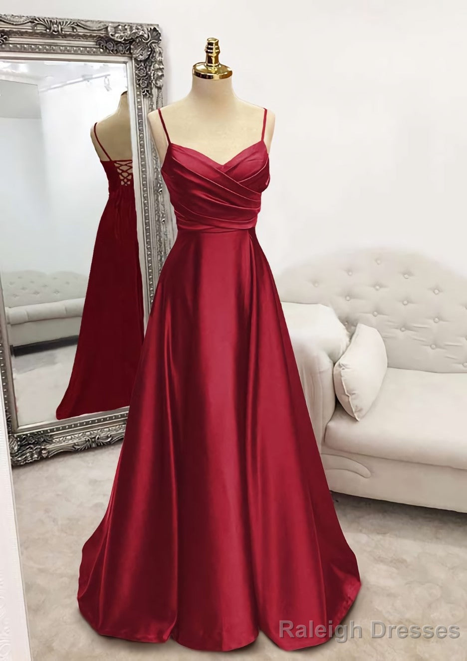 A Line V Neck Spaghetti Straps Long Dress Floor Length Satin Prom Dress With Pleated