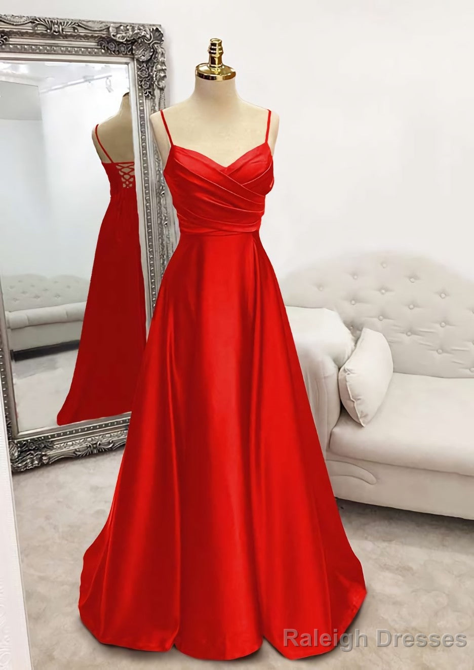 A Line V Neck Spaghetti Straps Long Dress Floor Length Satin Prom Dress With Pleated