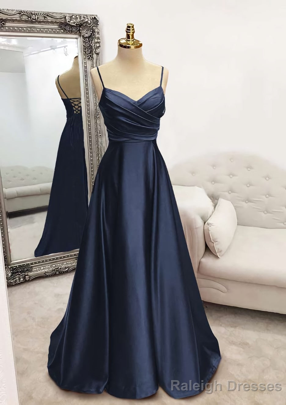 A-line V Neck Spaghetti Straps Long/Floor-Length Satin Prom Dresses With Pleated Secondary image