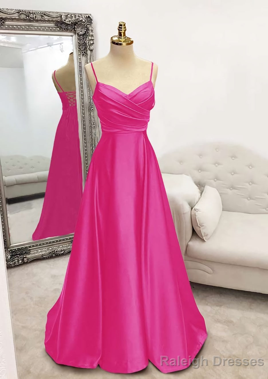 A Line V Neck Spaghetti Straps Long Dress Floor Length Satin Prom Dress With Pleated