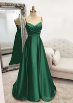 A Line V Neck Spaghetti Straps Long Dress Floor Length Satin Prom Dress With Pleated