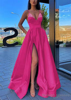 A Line V Neck Spaghetti Straps Long Dress Floor Length Satin Prom Dress With Split Pockets Beading