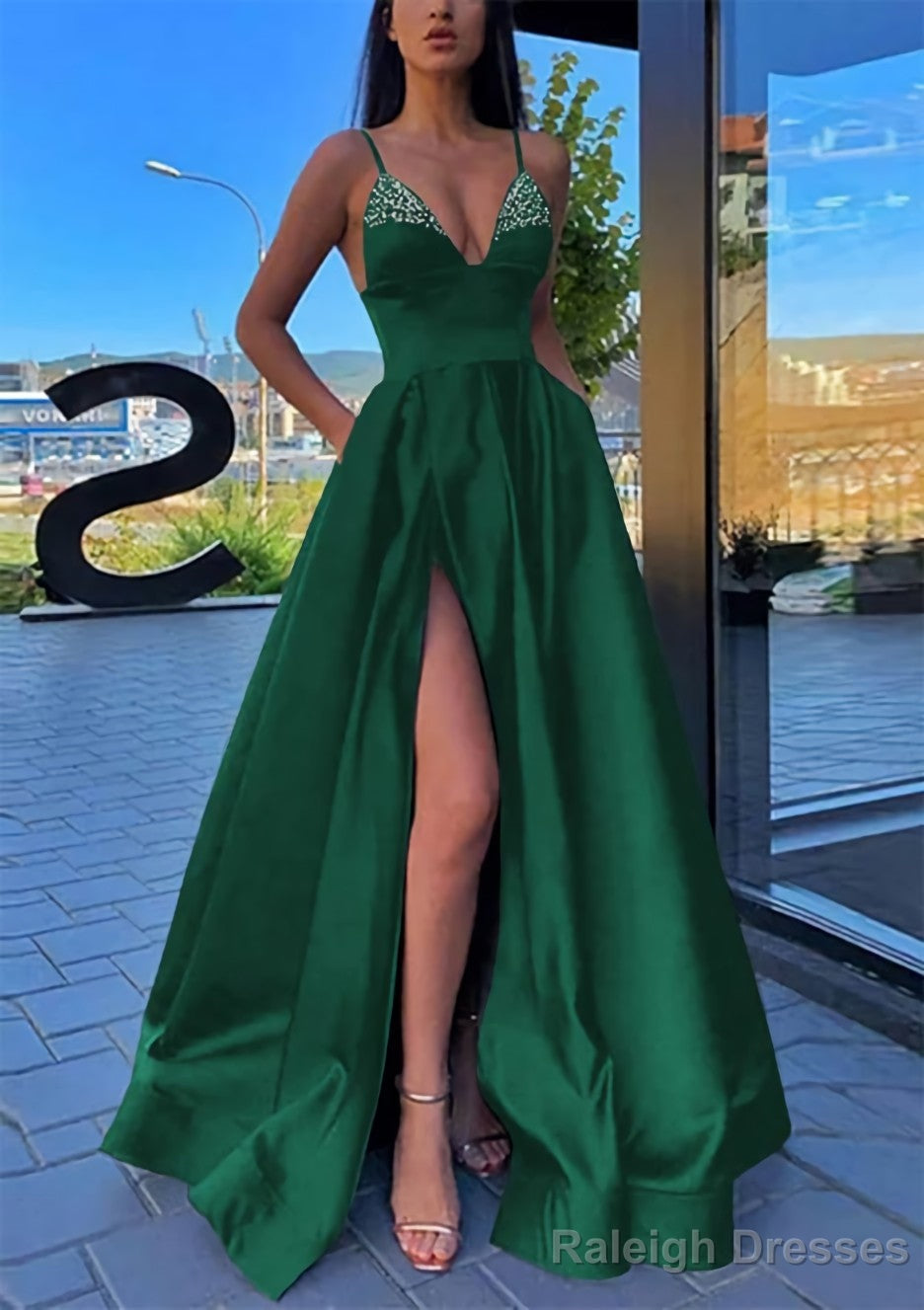 A Line V Neck Spaghetti Straps Long Dress Floor Length Satin Prom Dress With Split Pockets Beading