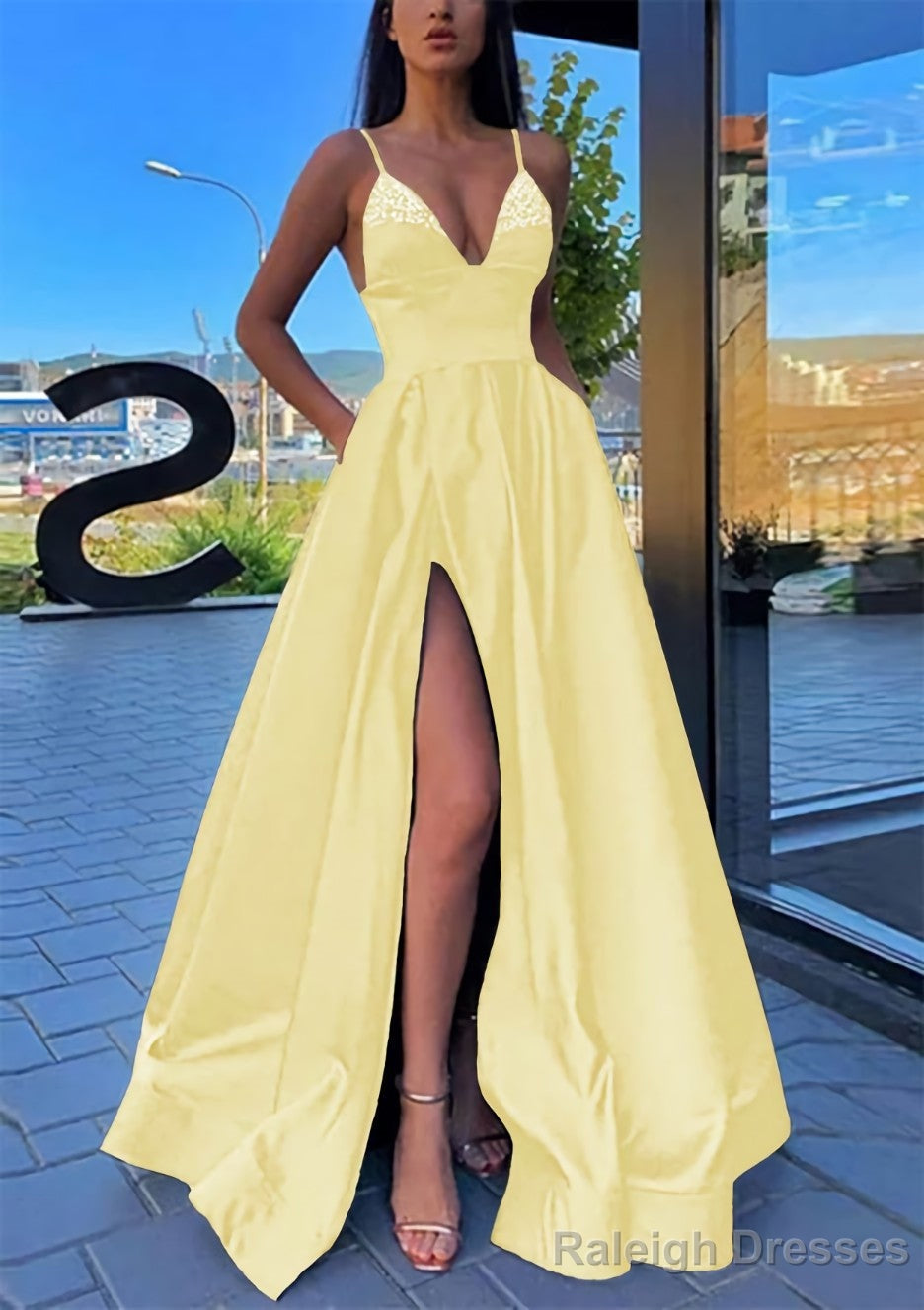 A-line V Neck Spaghetti Straps Long/Floor-Length Satin Prom Dresses With Split Pockets Beading
