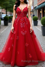 A-line V Neck Spaghetti Straps Long/Floor-Length Tulle Prom Dress With Appliqued Beading