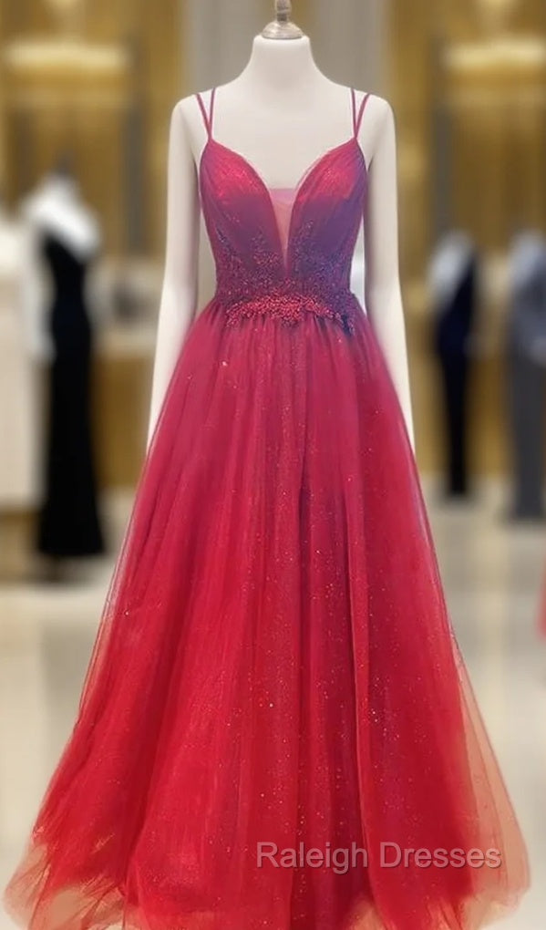 A-line V Neck Spaghetti Straps Long/Floor-Length Tulle Prom Dress With Appliqued Beading Pleated Glitter Main image