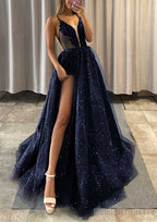 A-line V Neck Spaghetti Straps Long/Floor-Length Tulle Prom Dresses With Appliqued Glitter Split Left