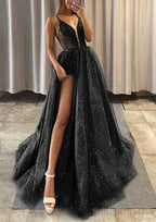 A Line V Neck Spaghetti Straps Long Dress Floor Length Tulle Prom Dress With Appliqued Glitter Split Left