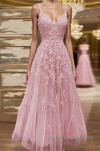 A-line V Neck Spaghetti Straps Long/Floor-Length Tulle Prom Dress With Beading Lace Pockets Sequins