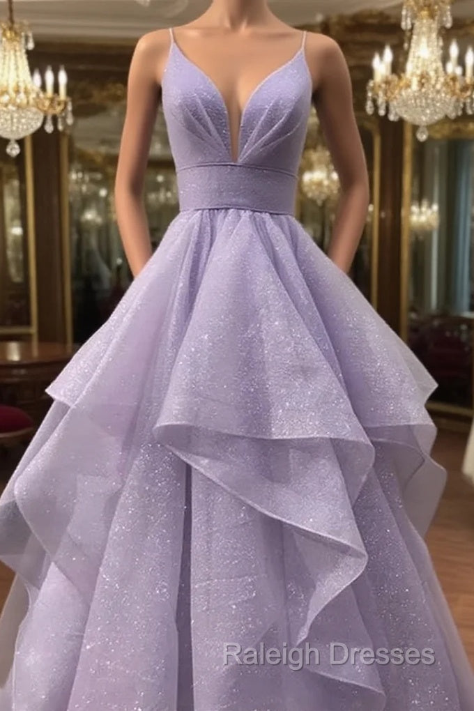 A-line V Neck Spaghetti Straps Long/Floor-Length Tulle Prom Dress With Pleated Glitter