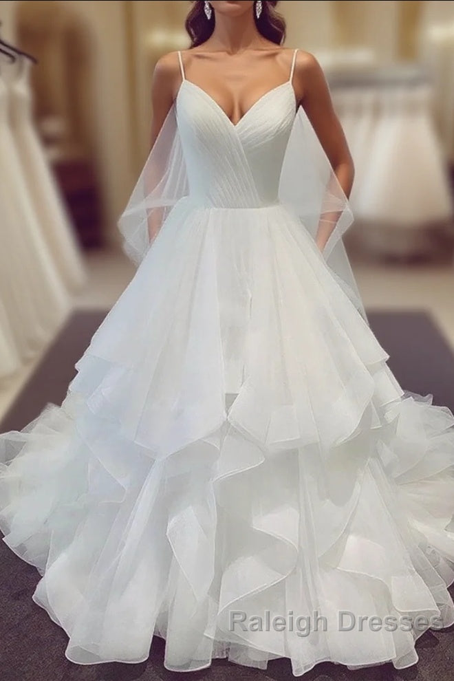 A-line V Neck Spaghetti Straps Puffy White Long Wedding Dresses Main image