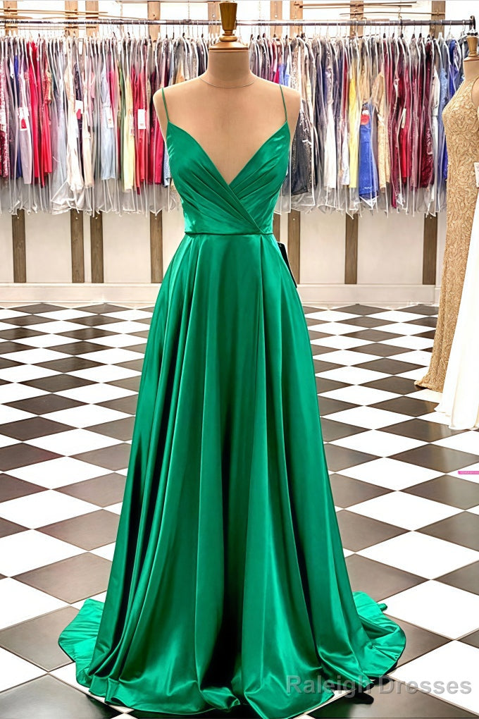 A-line V Neck Spaghetti Straps Sweep Train Charmeuse Prom Dresses With Pleated Main image