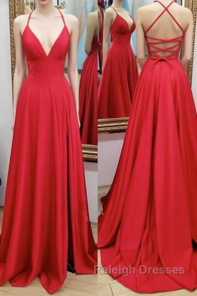 A-line V Neck Spaghetti Straps Sweep Train Charmeuse Prom Dress With Pleated Split Main image