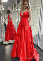 A-line V Neck Spaghetti Straps Sweep Train Charmeuse Prom Dresses With Pockets