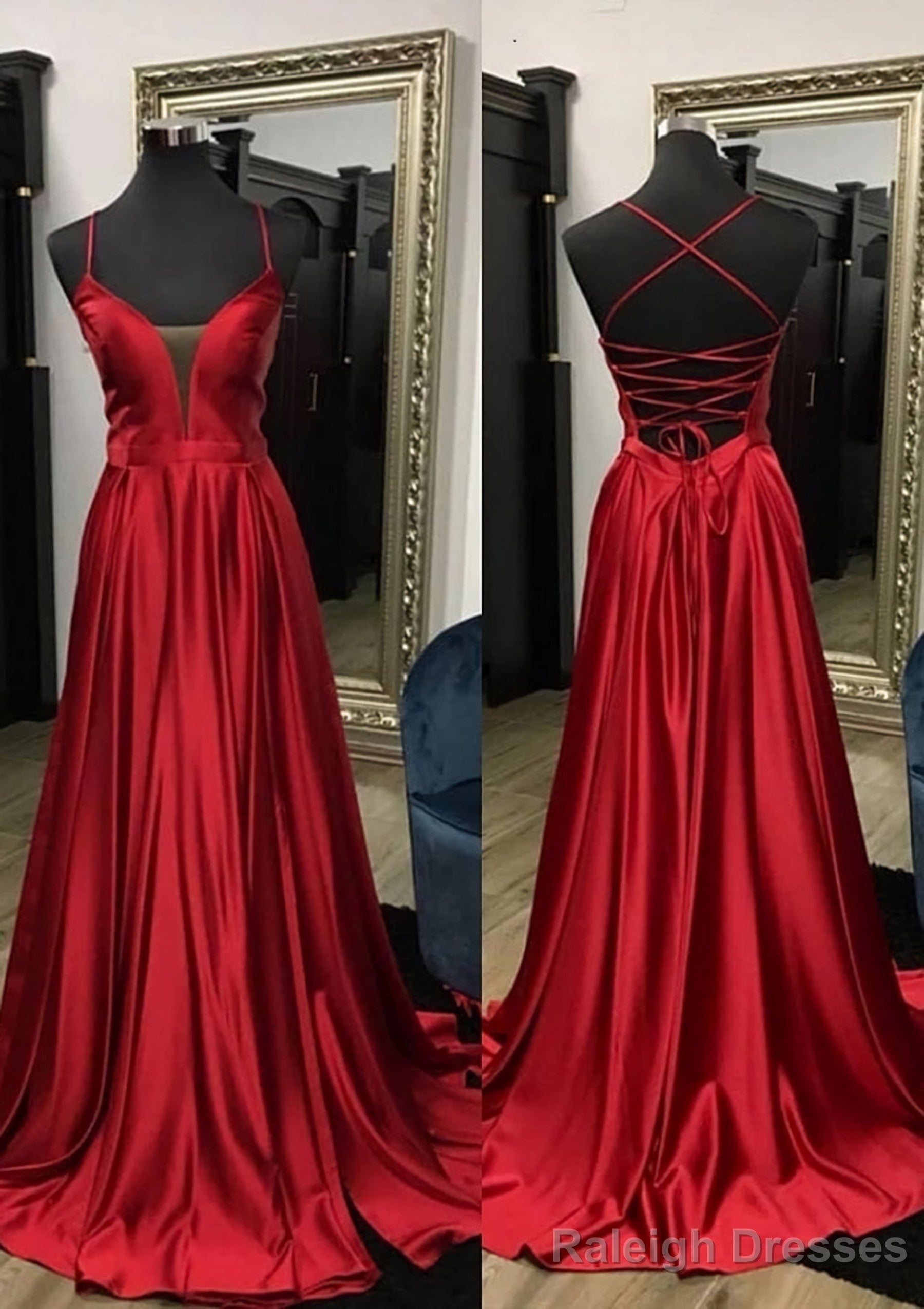 A-line V Neck Spaghetti Straps Sweep Train Charmeuse Prom Dresses With Split Main image