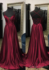 A-line V Neck Spaghetti Straps Sweep Train Charmeuse Prom Dresses With Split