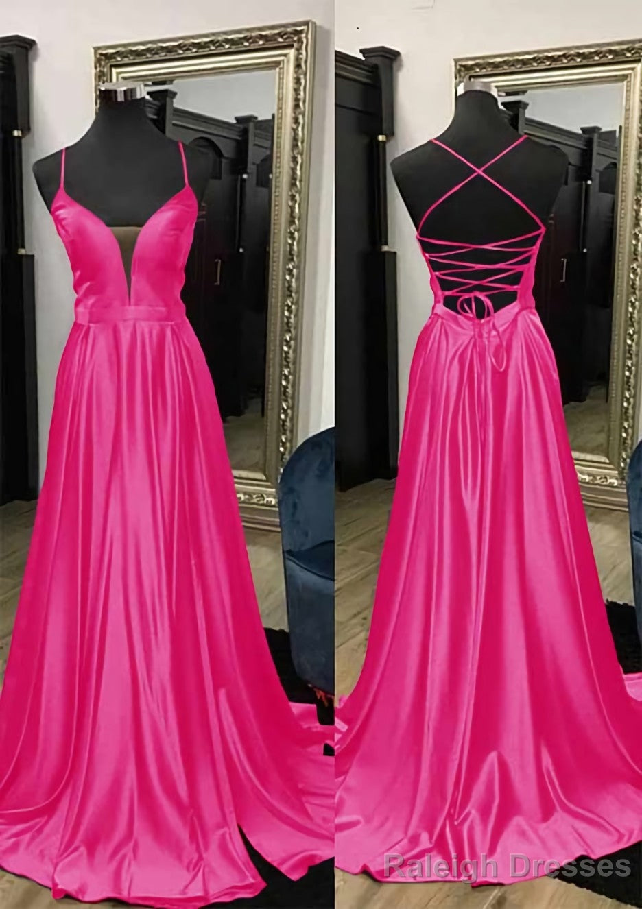 A-line V Neck Spaghetti Straps Sweep Train Charmeuse Prom Dresses With Split