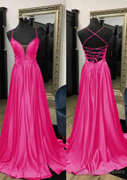 A Line V Neck Spaghetti Straps Sweep Train Charmeuse Prom Dress With Split