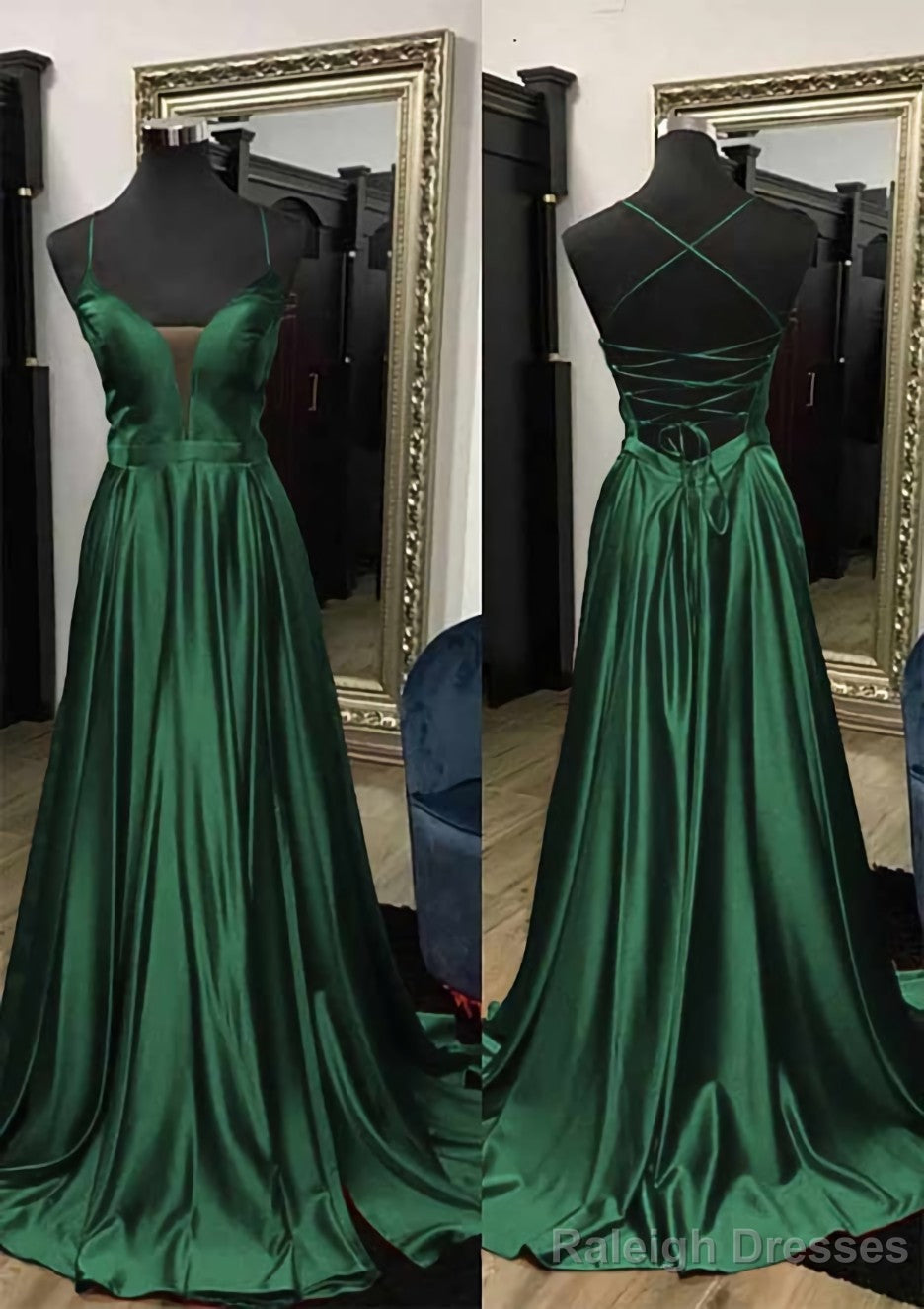 A-line V Neck Spaghetti Straps Sweep Train Charmeuse Prom Dresses With Split