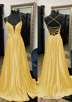 A Line V Neck Spaghetti Straps Sweep Train Charmeuse Prom Dress With Split