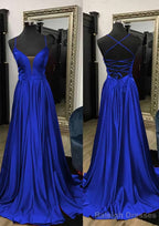 A-line V Neck Spaghetti Straps Sweep Train Charmeuse Prom Dresses With Split