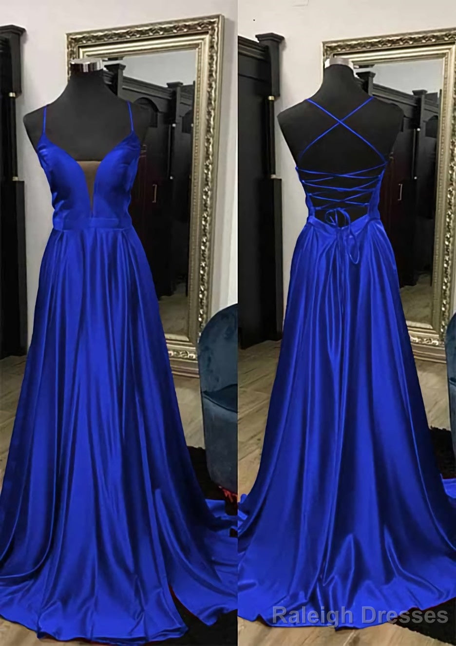 A-line V Neck Spaghetti Straps Sweep Train Charmeuse Prom Dresses With Split