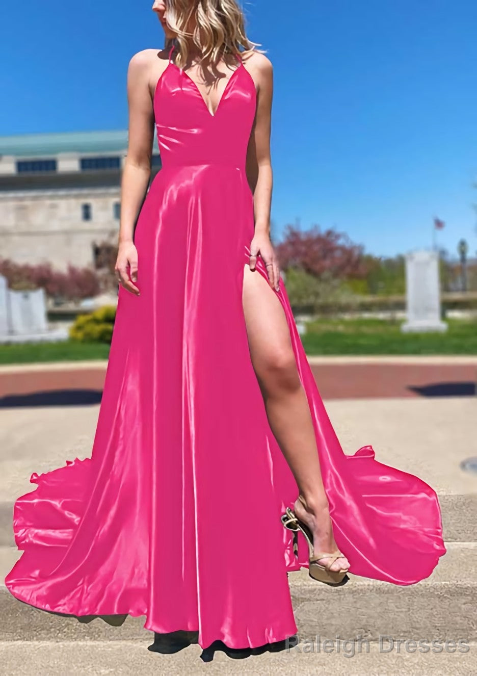 A-line V Neck Spaghetti Straps Sweep Train Charmeuse Prom Dresses With Split