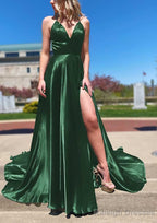 A-line V Neck Spaghetti Straps Sweep Train Charmeuse Prom Dresses With Split