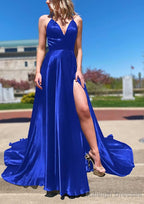 A-line V Neck Spaghetti Straps Sweep Train Charmeuse Prom Dresses With Split