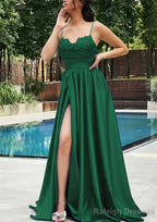 A-line V Neck Spaghetti Straps Sweep Train Satin Prom Dresses With Appliqued Beading Pleated Split