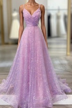 Unique Prom Dresses, A-line V Neck Spaghetti Straps Sweep Train Sequined Prom Dress With Pleated