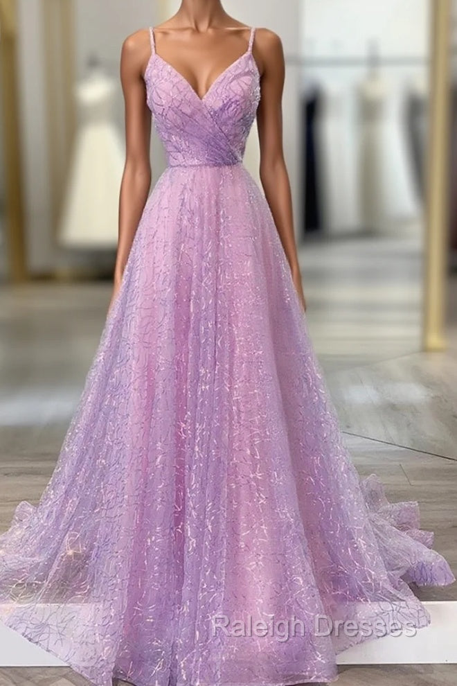 Unique Prom Dresses, A-line V Neck Spaghetti Straps Sweep Train Sequined Prom Dress With Pleated