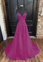 A Line V Neck Spaghetti Straps Sweep Train Tulle Prom Dress With Appliqued
