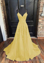 A Line V Neck Spaghetti Straps Sweep Train Tulle Prom Dress With Appliqued