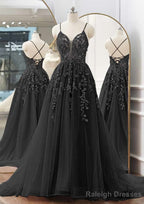 A-line V Neck Spaghetti Straps Sweep Train Tulle Prom Dresses With Appliqued Beading