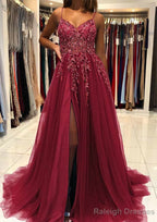 A-line V Neck Spaghetti Straps Sweep Train Tulle Prom Dresses With Beading Sequins Split