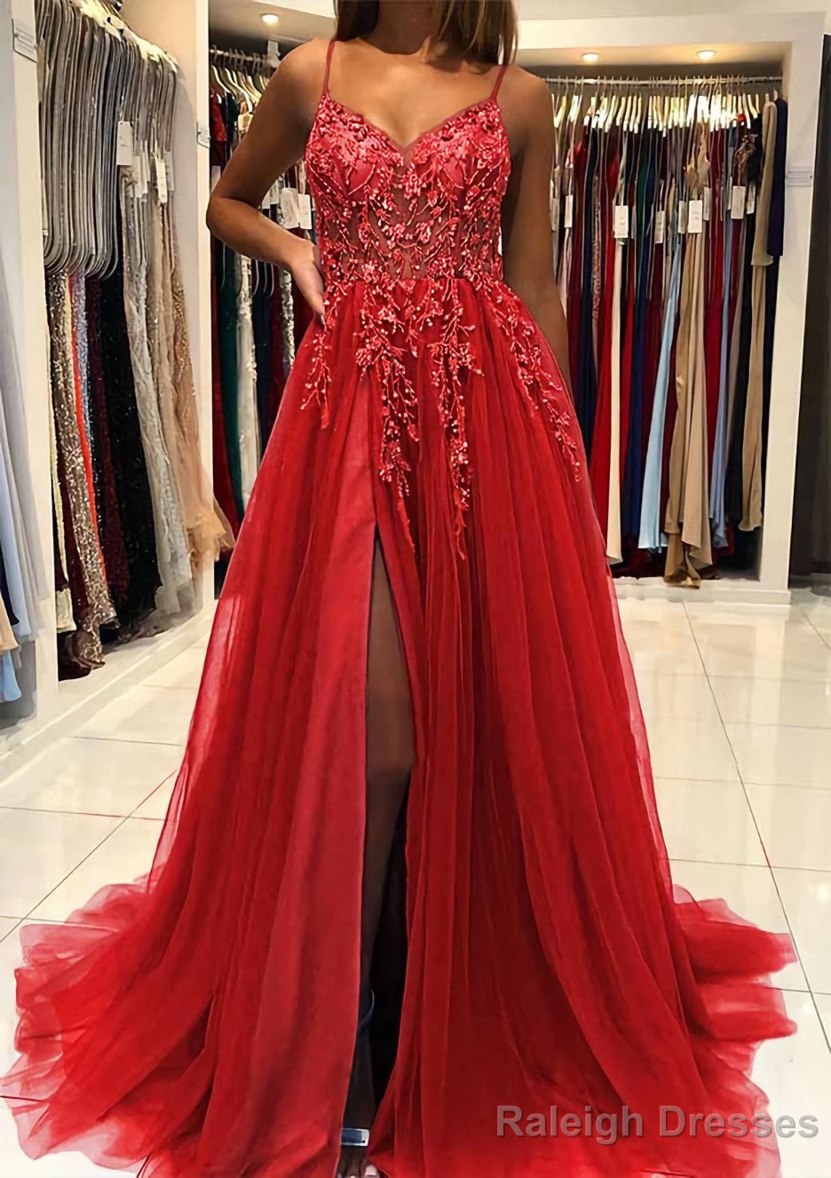 A-line V Neck Spaghetti Straps Sweep Train Tulle Prom Dresses With Beading Sequins Split