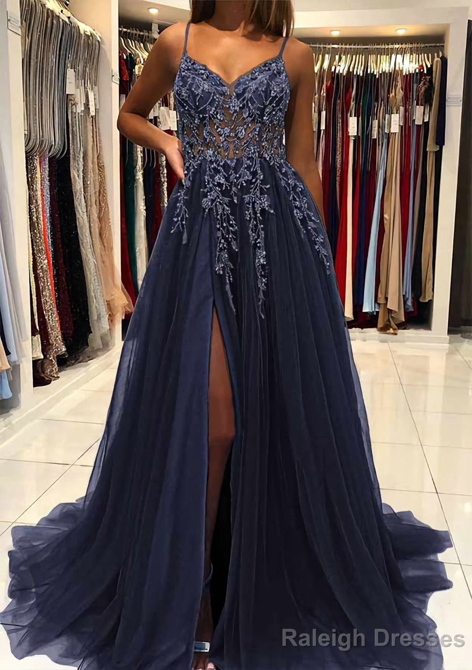 A-line V Neck Spaghetti Straps Sweep Train Tulle Prom Dresses With Beading Sequins Split Secondary image