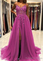 A-line V Neck Spaghetti Straps Sweep Train Tulle Prom Dresses With Beading Sequins Split
