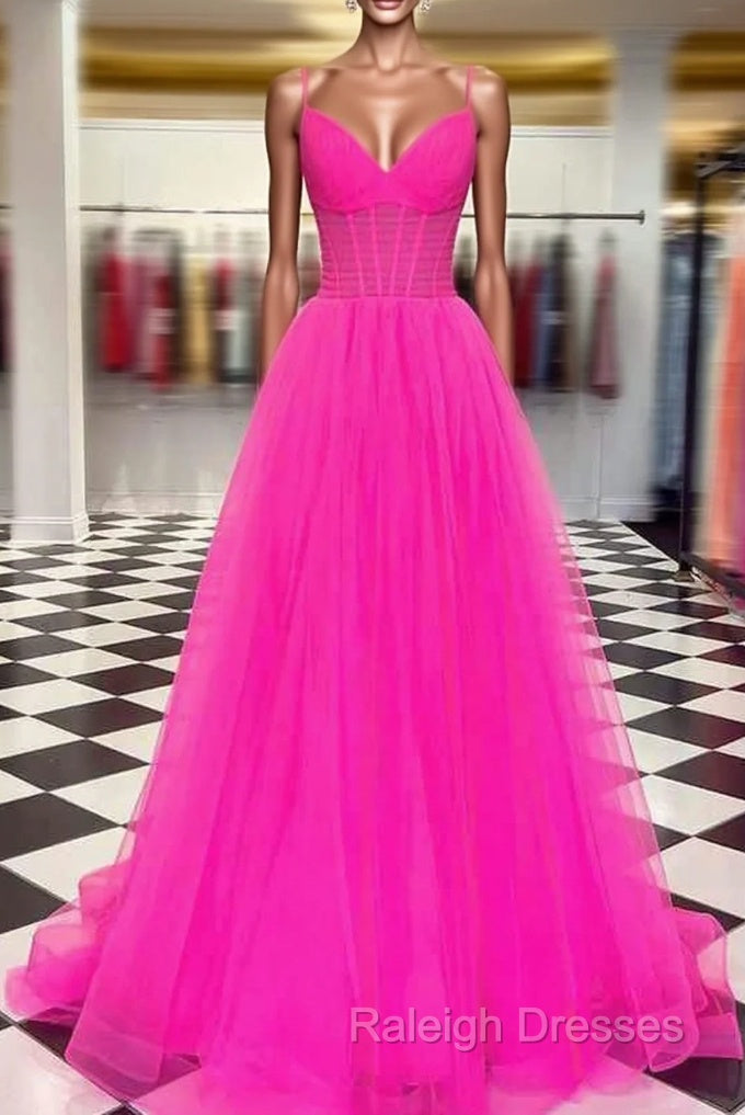 A-line V Neck Spaghetti Straps Sweep Train Tulle Prom Dress With Pleated