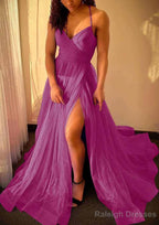 A-line V Neck Spaghetti Straps Sweep Train Tulle Prom Dresses With Split