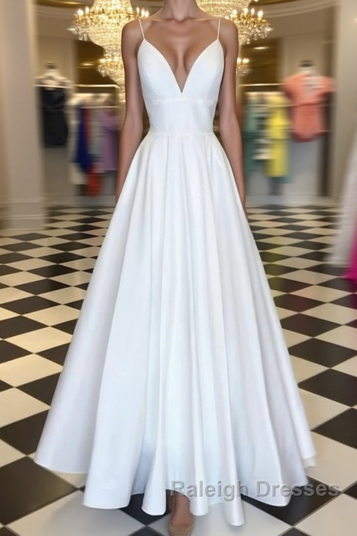 A Line V Neck Spaghetti Straps White Prom Dress V Neck White Prom Graduation Prom Dress