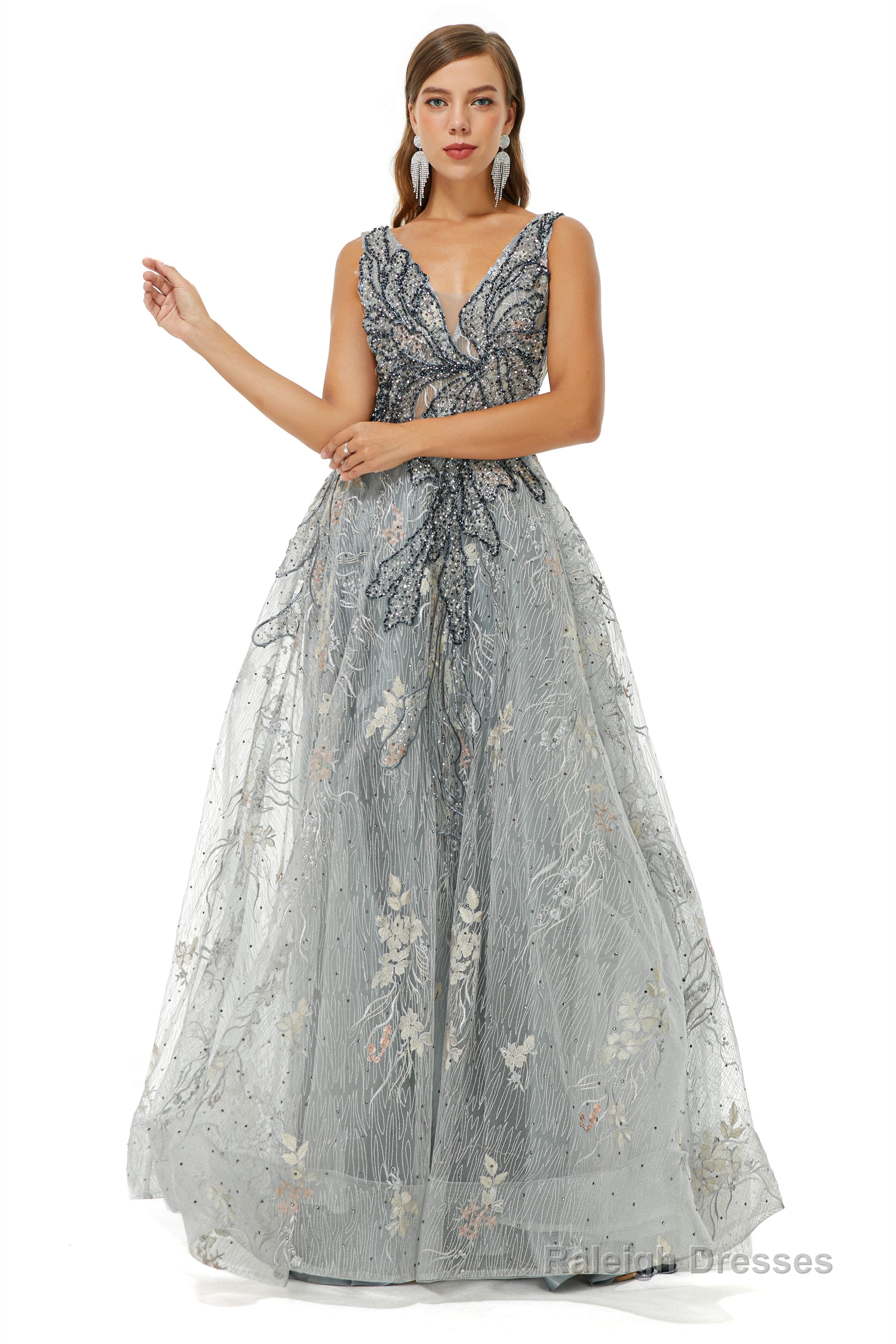 A-line V-neck Strap Lace Sequined Beaded Open Back Floor-length Prom Dresses Secondary image