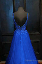 A-Line V Neck Straps Tulle Royal Blue Prom Dress With Appliques