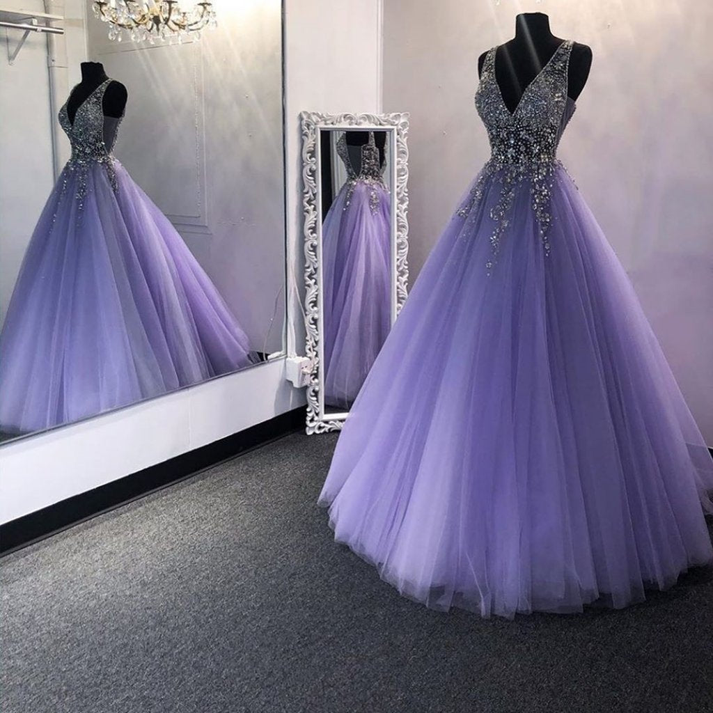 A-Line V-Neck Sweep Train Beaded Prom Dresses